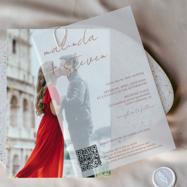 Moderne Boho Elegante Script QR Code Hochzeit (Modern Boho Elegant Script QR Code Wedding Vellum Invitations)