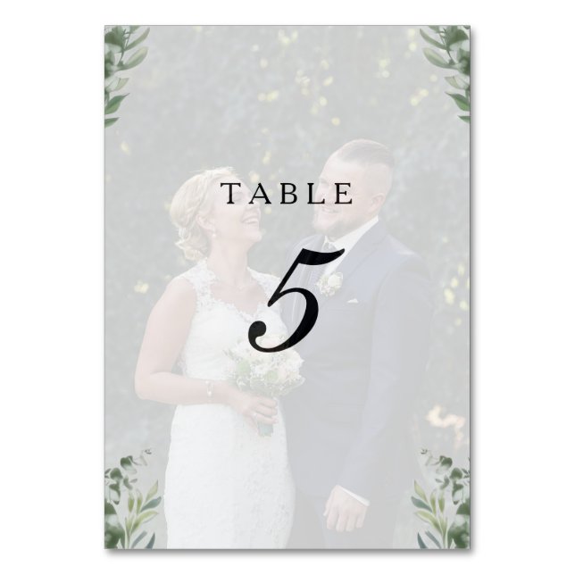 Moderne Boho Eukalyptusblätter & Foto Hochzeit Tischnummer (Vorderseite)