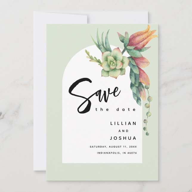 Moderne Boho Floral Botanische Sukkulente Grüne Save The Date (Von Creator hochgeladen)