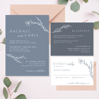 Moderne Boho Floral Kontur in Dusty Blue Wedding Einladung