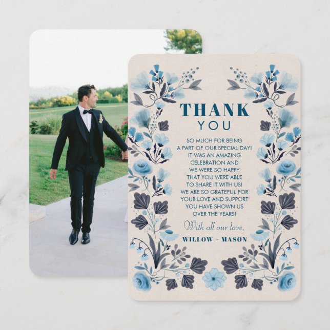 Moderne Boho Folk Hochzeit Dankeschön-Karte mit Fo Dankeskarte (Vorne/Hinten)