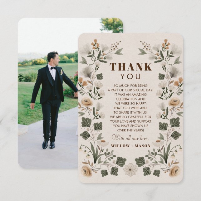 Moderne Boho Folk Hochzeit Dankeschön-Karte mit Fo Dankeskarte (Vorne/Hinten)