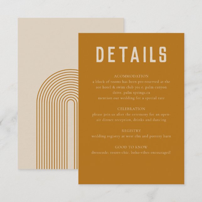 Moderne Boho Geometric Arch Golden Beige Hochzeit Begleitkarte (Vorne/Hinten)