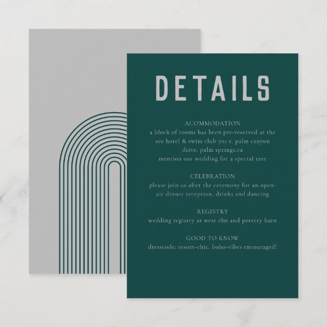 Moderne Boho Geometric Arch Green Gray Wedding Begleitkarte (Vorne/Hinten)