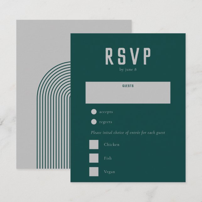Moderne Boho Geometric Arch Green Gray Wedding RSVP Karte (Vorne/Hinten)