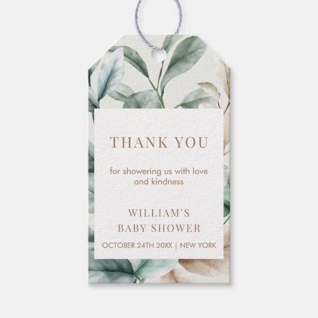 Moderne Boho Greenerenery Blätter Kinderdusche Geschenkanhänger (Vorderseite)