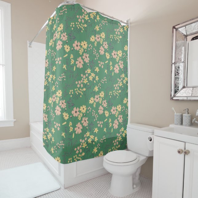Moderne Boho-Grün-Blumenmuster Duschvorhang (Beispiel)