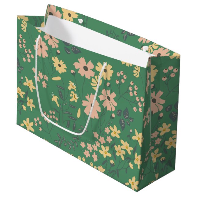 Moderne Boho-Grün-Blumenmuster Große Geschenktüte (Vorderseite Schrägansicht)
