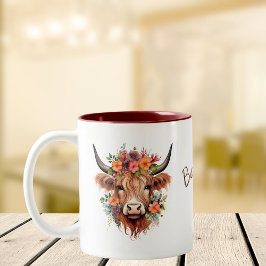 Moderne Boho-Hochland-Kuh mit Blume Zweifarbige Tasse