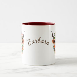 Moderne Boho-Hochland-Kuh mit Blume Zweifarbige Tasse