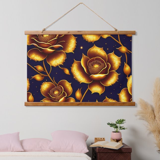 Moderne Boho Luxury Gold Rose Collection Wandteppich Mit Holzrahmen (Schlafzimmer)