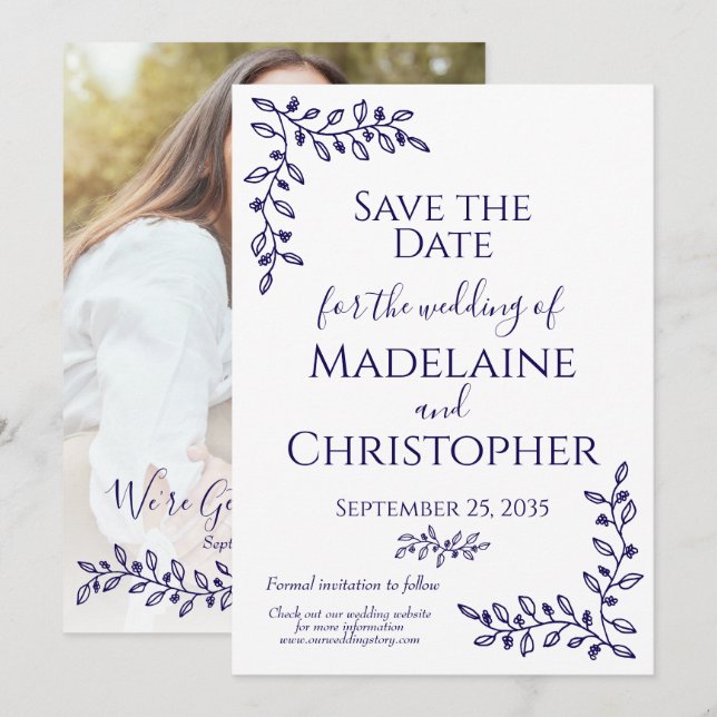 Moderne Boho Navy Blauer Botanischer Foto Hochzeit Save The Date (Vorne/Hinten)