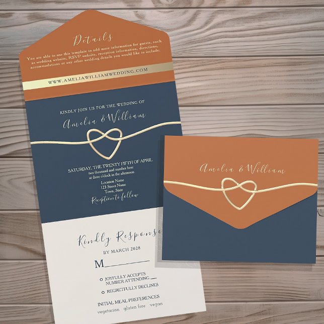 Moderne Boho Navy Blue und Terracotta Wedding All In One Einladung (Von Creator hochgeladen)