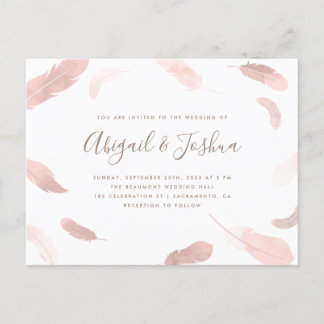 Moderne Boho Pink Wasserfarbenfedern Hochzeit Einladungspostkarte