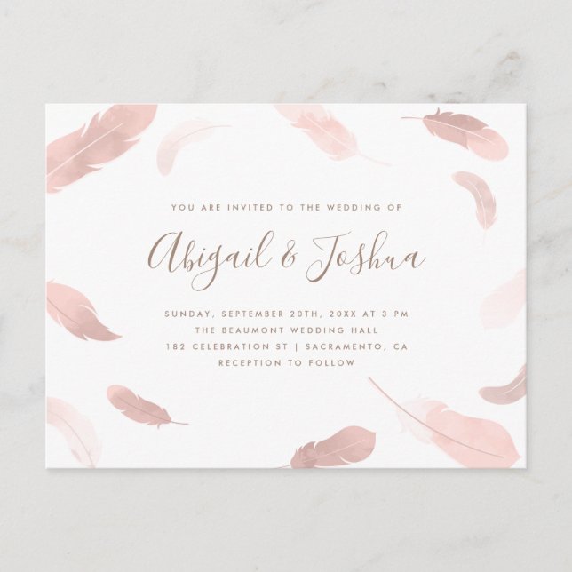 Moderne Boho Pink Wasserfarbenfedern Hochzeit Einladungspostkarte (Vorderseite)