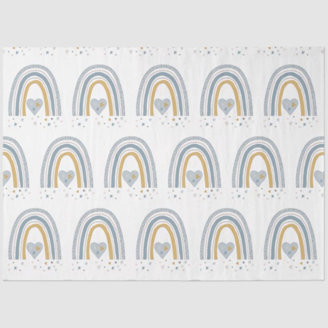 Moderne BOHO Rainbow Stars Dusty Blue Mustard Boy Seidenpapier (Vorderseite)