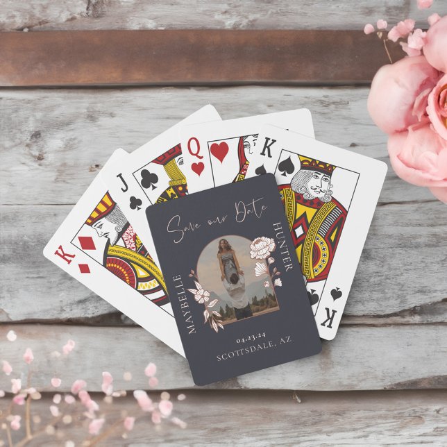 Moderne Boho Rose Foto Arch Navy Spielkarten (Modern Boho Floral Rose Photo Arch Navy Playing Cards)