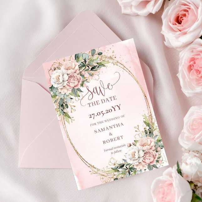 Moderne Boho-Rosé Grüne Hochzeitseinladung Save The Date (Modern Boho Blush Pink Greenery Save The Date)