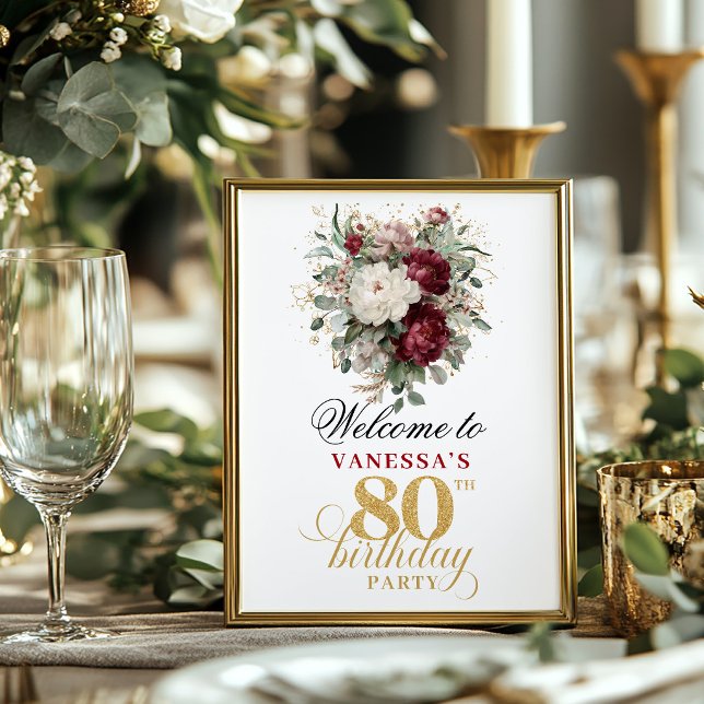Moderne boho roséfarbene burgunderrote 80. Geburts Poster (Modern boho blush burgundy 80th birthday 8x10 welcome sign)