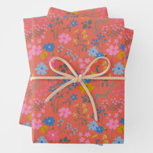 Moderne Boho Rote Blumen Wildblumen Geschenkpapier Set