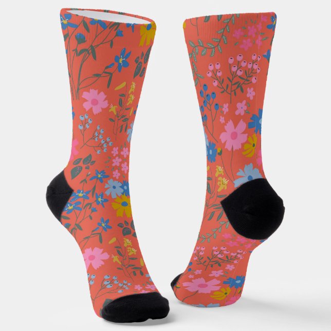 Moderne Boho Rote Florale Botanik Socken (Gewinkelt)