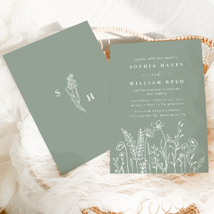 Moderne Boho Sage Green Wildblume Hochzeit Einladung