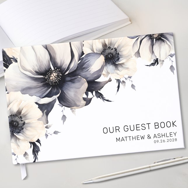 Moderne Boho Schwarz-weiße Blumenhochzeit Gästebuch (Elegant Modern Boho Floral Black White Wedding Guest Book)