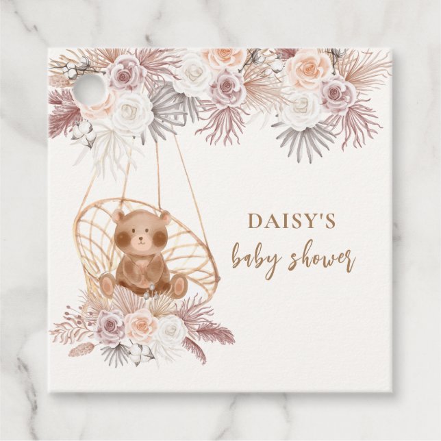 Moderne Boho Teddy Bear Pampas Baby Dusche Geschenkanhänger (Vorderseite)