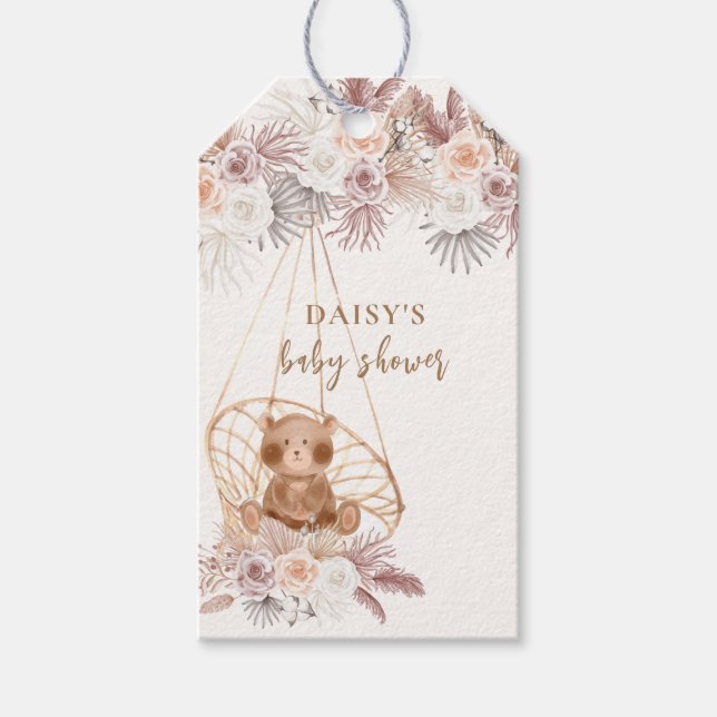 Moderne Boho Teddy Bear Pampas Baby Dusche Geschenkanhänger (Vorderseite)