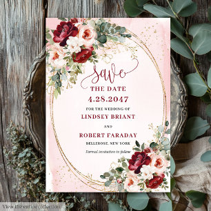 Moderne Boho Tiefroter Blush Gold Floral Save Date Einladung