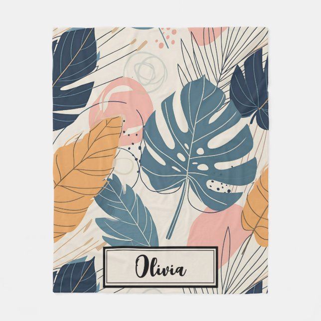 Moderne Boho Tropical Blätter Abstrakt Fleecedecke (Vorderseite)