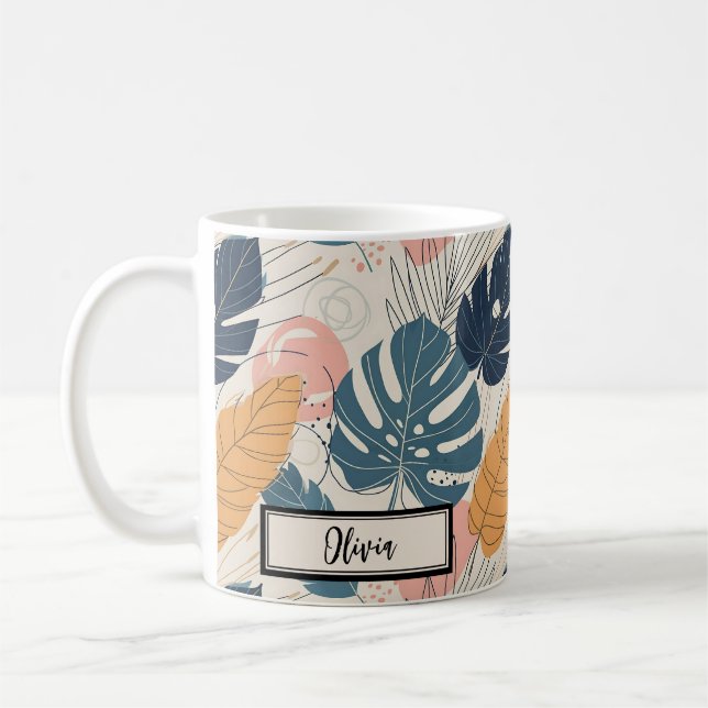 Moderne Boho Tropische Blätter Abstract Kaffeetasse (Links)