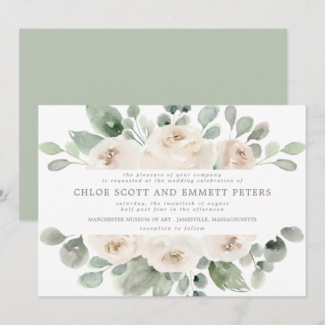 Moderne Boho White Rose Blumenhochzeit Einladung (Vorne/Hinten)