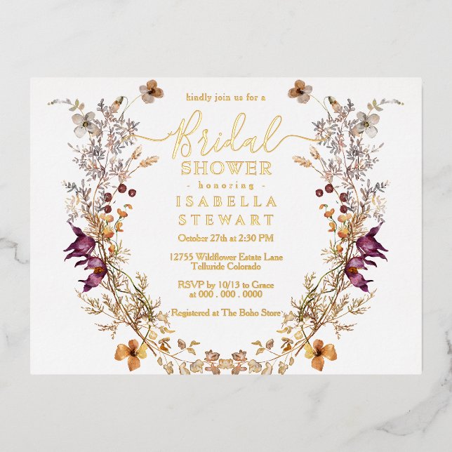 Moderne Boho Wildblume Elegantes Brautparty Folie Einladungspostkarte (Vorderseite)