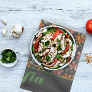 Moderne boho-wildblumen rosa gelbes Muster grau Geschirrtuch