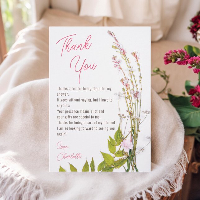 Moderne boho Wildblumen schreiben Foto Brautparty Dankeskarte (Modern boho wildflowers script photo bridal shower thank you card)