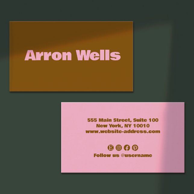 Moderne Bold Typografy Brown Beruflich Visitenkarte (light pink bold retro typography on brown background - social media icons on backside)