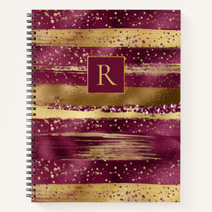 Moderne Bordeaux, goldene Pinselstriche und Monogr Notizbuch