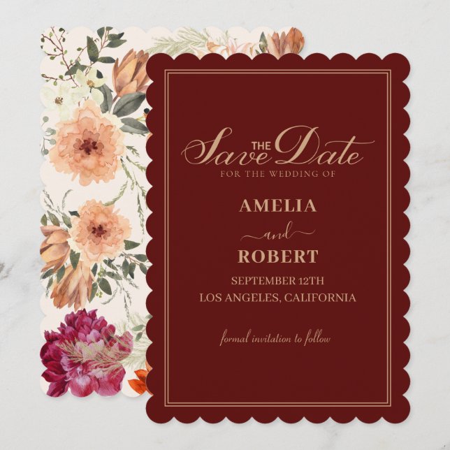 Moderne Bordeaux-Hochzeit im Herbst Save The Date (Vorne/Hinten)