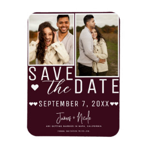 Moderne Bordeauxrote Save-the-Date-Hochzeit mit 2 Magnet