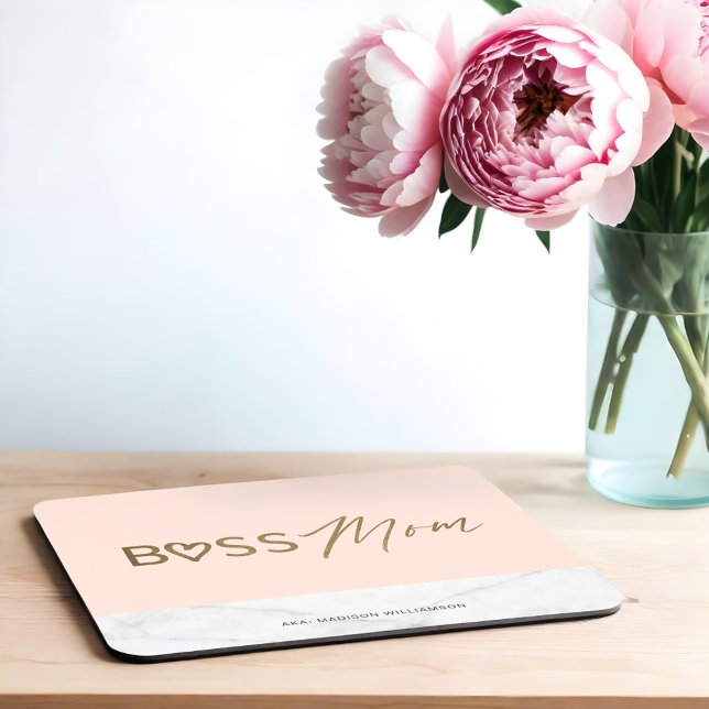 Moderne Boss-Mama Stilvolles Rosa, Gold und Marmor Mousepad (Modern Boss Mom Stylish Blush Pink, Gold & Marble Mouse Pad)
