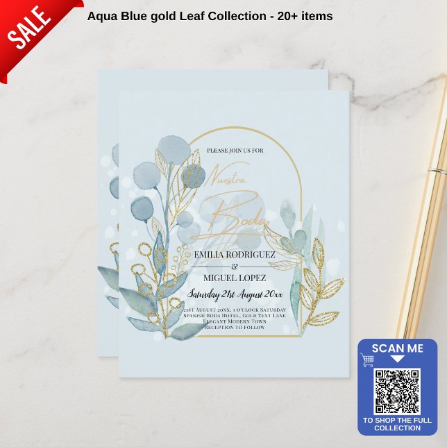 Moderne Botanica; Aqua SeaGlass Gold Wedite Einlad Flyer (Von Creator hochgeladen)