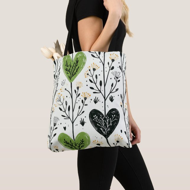 Moderne Botaniktasche mit grünem Herzen Tasche (Von Nahem)
