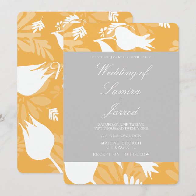 Moderne botanisch-gelbgraue Tulip Hochzeit Einladung (Vorne/Hinten)