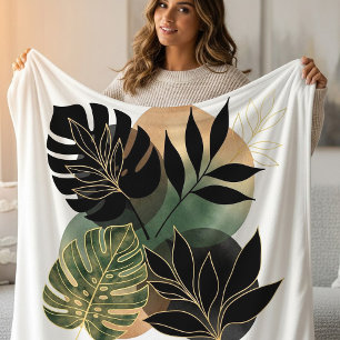 Moderne Botanische Abstrakte Kunst Schwarze und Go Fleecedecke