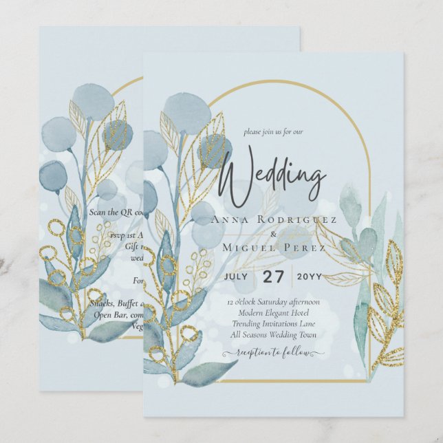 Moderne botanische Aqua SeaGlass Gold Hochzeit Ein Einladung (Vorne/Hinten)