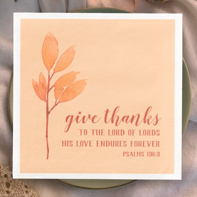 Moderne botanische Aquarellfarben dank Schrift Serviette (Christian Thanksgiving napkins, unique stylish script, Give thanks to the Lord of Lords, Psalms 136
)