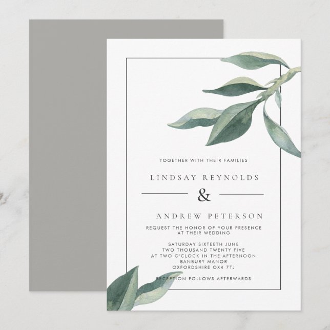 Moderne botanische Blätter zum Hochzeitsempfang Einladung (Vorne/Hinten)
