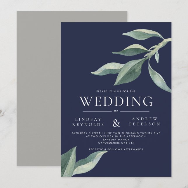 Moderne botanische Blätter zum Hochzeitsempfang Einladung (Vorne/Hinten)