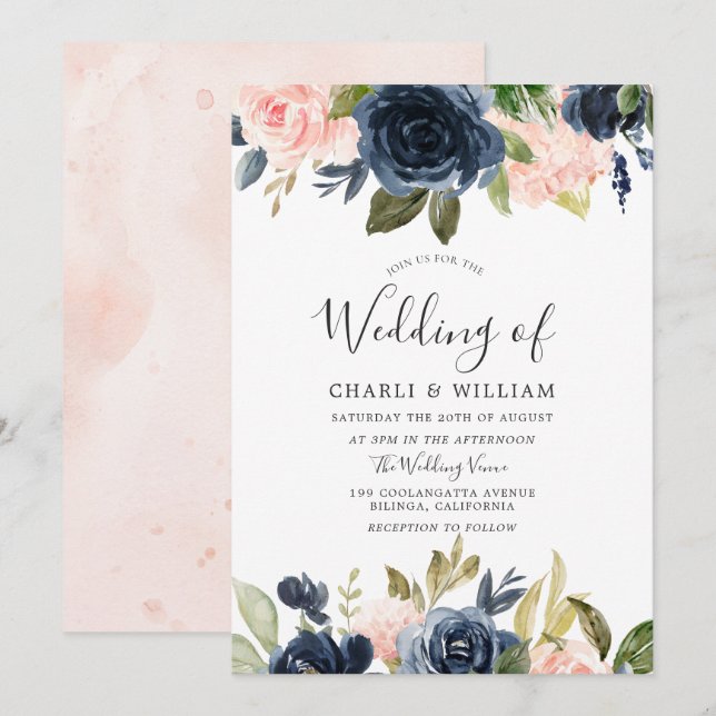 Moderne Botanische Blush & Navy Blumenhochzeit Einladung (Vorne/Hinten)